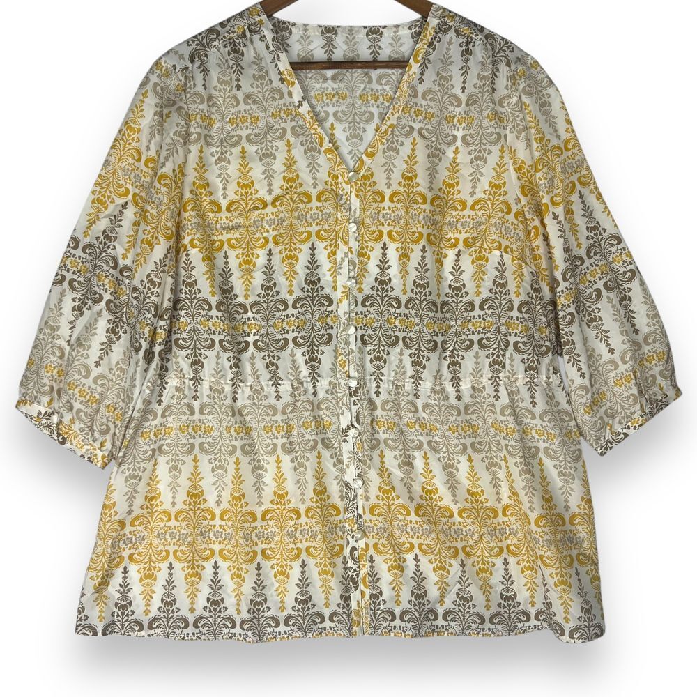 Pendleton 100% Silk Elegant Damask‎ Button Up Blouse Gold Gray Floral Pattern XL